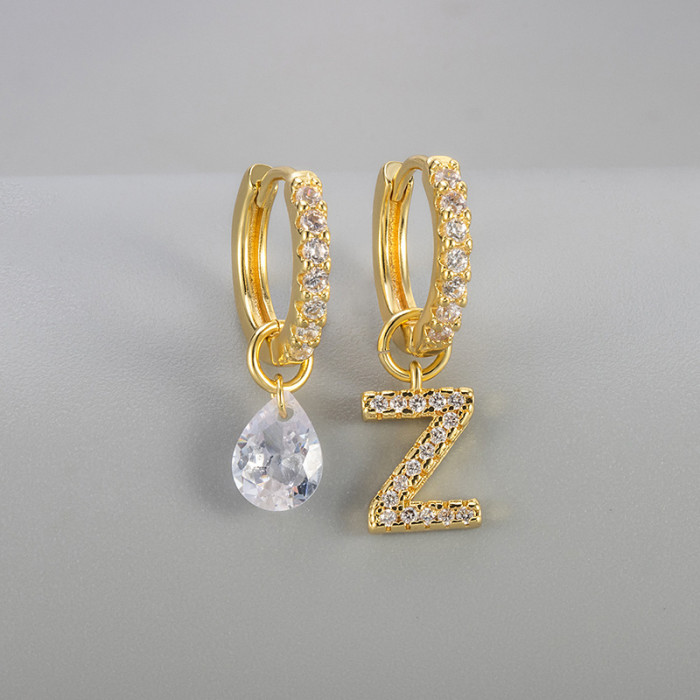 Cross-Border European and American Single Diamond Water Drop 26 Letter Earrings Asymmetric Earrings Personality Fashion Design Sense Women's Ear Jewelry