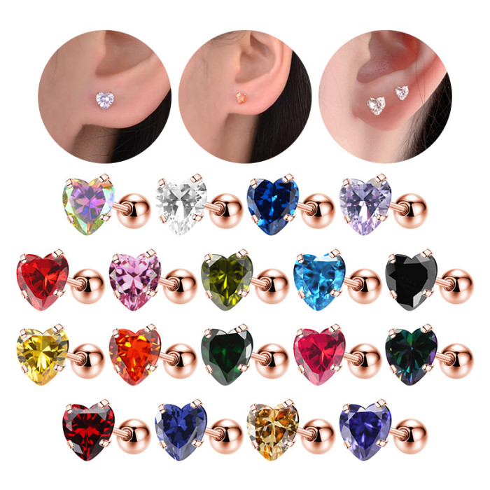 Factory Direct Simple Heart Zircon Ball Stud Earrings Stainless Steel Piercing Jewelry Amazon Export
