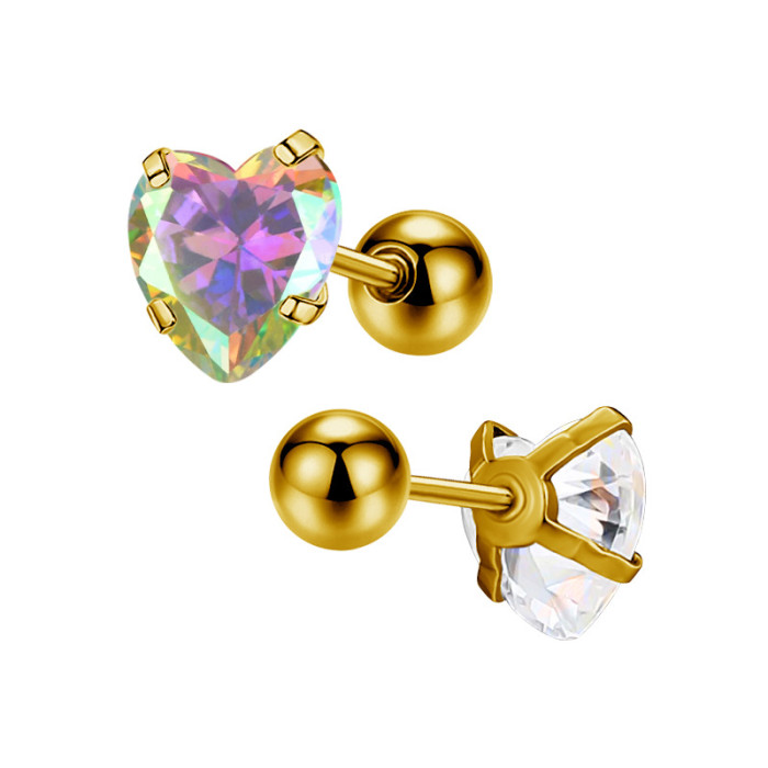 Fresh Colorful Heart Zircon Titanium Steel Stainless Steel Heart-shaped Earrings Ear Studs Small Earrings for Girls