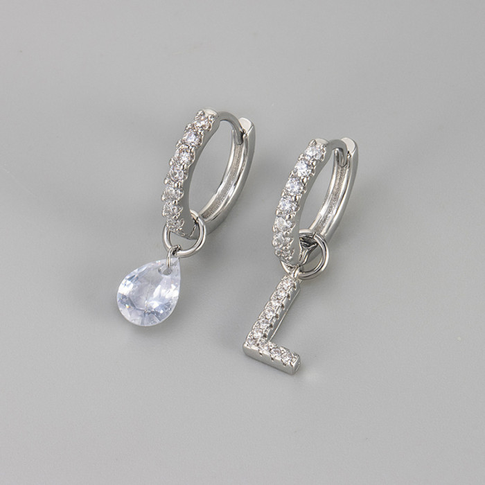 Cross-Border European and American Single Diamond Water Drop 26 Letter Earrings Asymmetric Earrings Personality Fashion Design Sense Women's Ear Jewelry