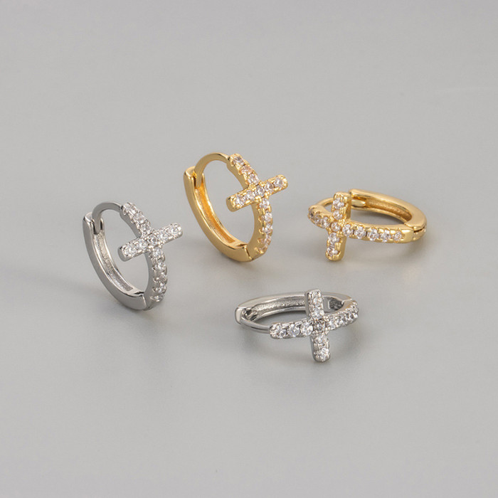 European and American Cross-Border Full Diamond Cross Earrings Ear Cuffs Personality Versatile Daily Ear Hoops Light Luxury Elegant Ear Jewelry for Women