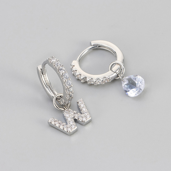 Cross-Border European and American Single Diamond Water Drop 26 Letter Earrings Asymmetric Earrings Personality Fashion Design Sense Women's Ear Jewelry
