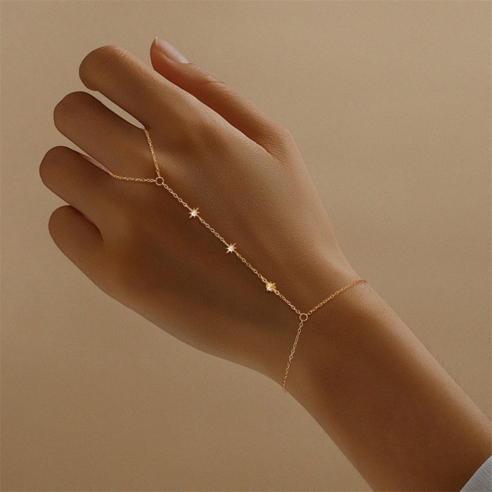 European and American Fashion Eight-Pointed Star Inlaid Diamond Bracelet Stackable Finger Chain INS Style High-End Feel Ring Chain Cross-Border Hot-Selling Model