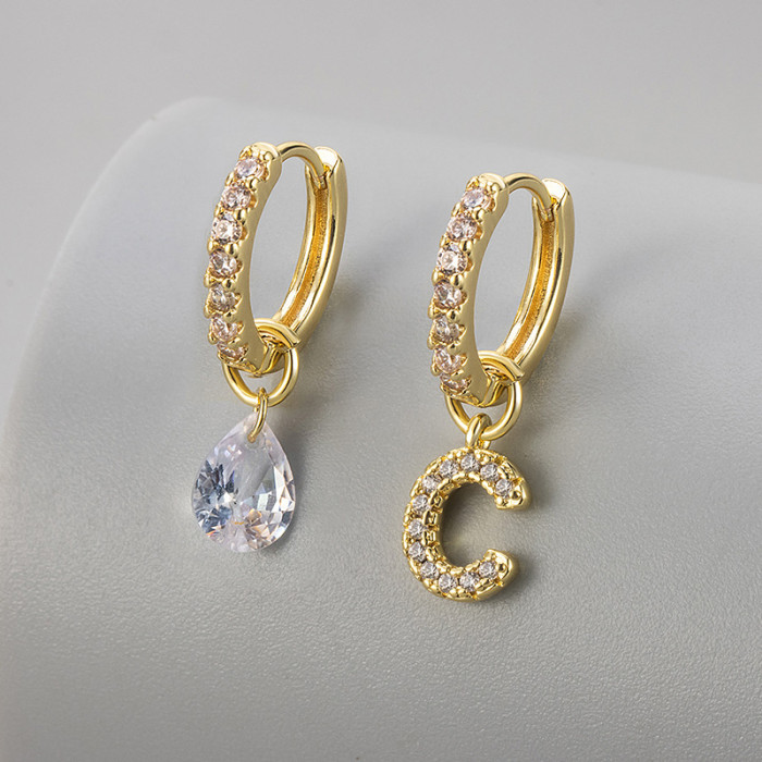Cross-Border European and American Single Diamond Water Drop 26 Letter Earrings Asymmetric Earrings Personality Fashion Design Sense Women's Ear Jewelry