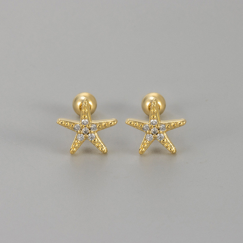 New Sparkling Diamond Five-Pointed Star Screw Thread Twist Cap Earrings for Women Simple Small Exquisite Ear Bone Stud Ring Jewelry
