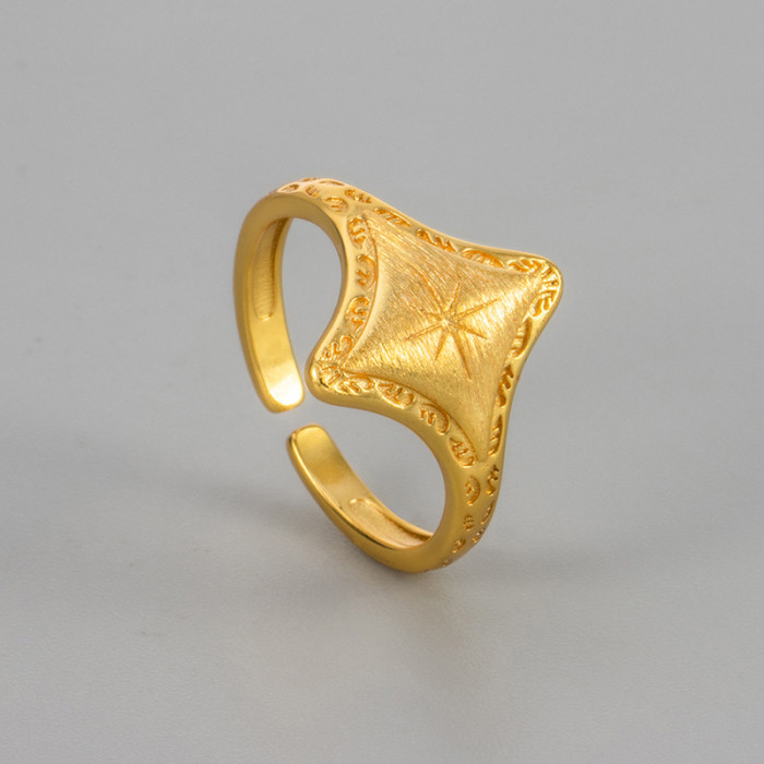French Style Light Luxury High-End Brushed Rhombus Ring with Rice-shaped Eight-pointed Star Design, Niche Simple Versatile Ring