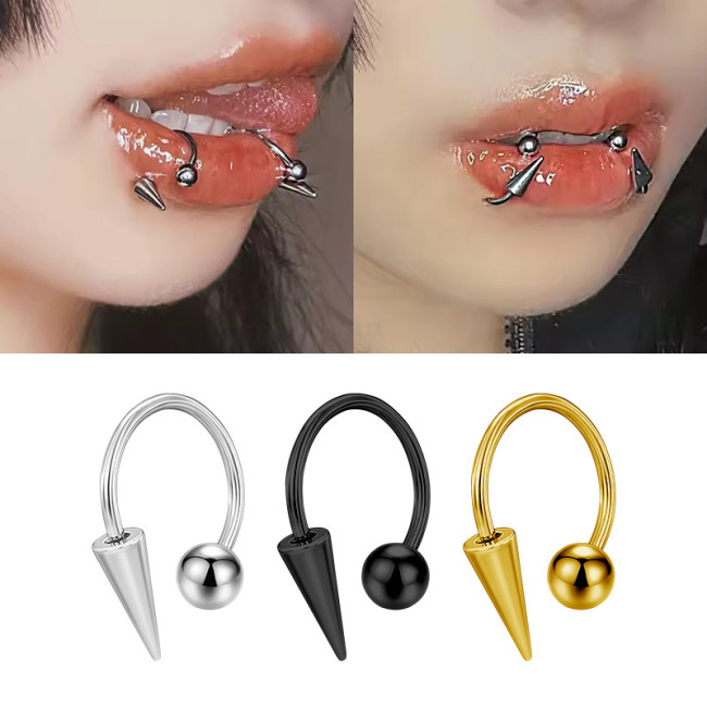 Cross-Border Stainless Steel Pointed Cone Lip Ring Personality Cool Punk Horseshoe Nose Ring Lip Stud Demon Stud Piercing Lip Jewelry Ear Cartilage Ring