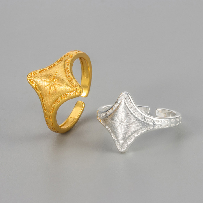 French Style Light Luxury High-End Brushed Rhombus Ring with Rice-shaped Eight-pointed Star Design, Niche Simple Versatile Ring