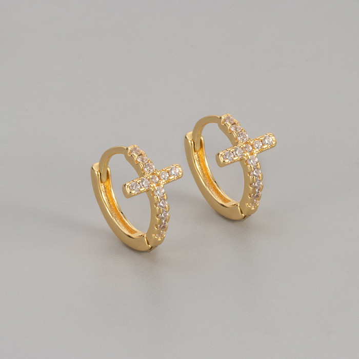 European and American Cross-Border Full Diamond Cross Earrings Ear Cuffs Personality Versatile Daily Ear Hoops Light Luxury Elegant Ear Jewelry for Women