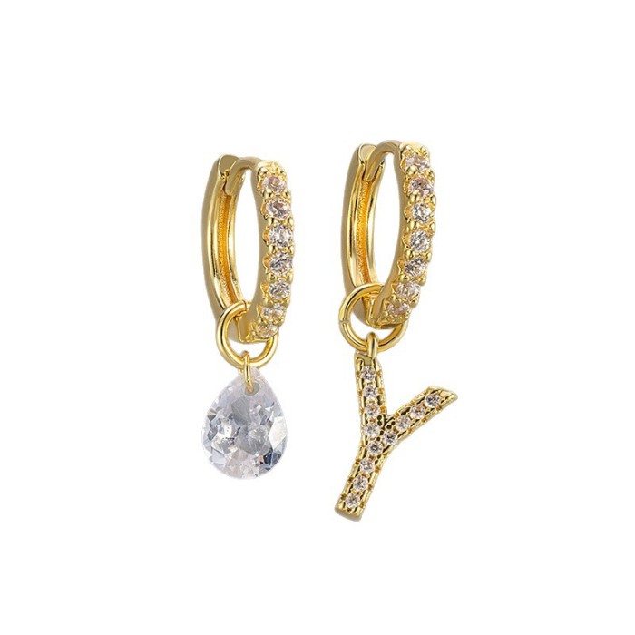 Cross-Border European and American Single Diamond Water Drop 26 Letter Earrings Asymmetric Earrings Personality Fashion Design Sense Women's Ear Jewelry