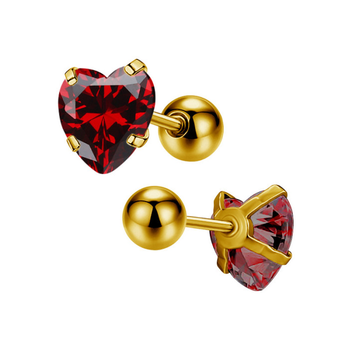 Fresh Colorful Heart Zircon Titanium Steel Stainless Steel Heart-shaped Earrings Ear Studs Small Earrings for Girls