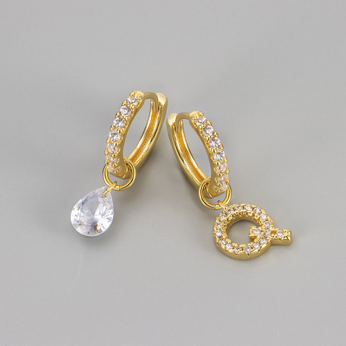 Cross-Border European and American Single Diamond Water Drop 26 Letter Earrings Asymmetric Earrings Personality Fashion Design Sense Women's Ear Jewelry
