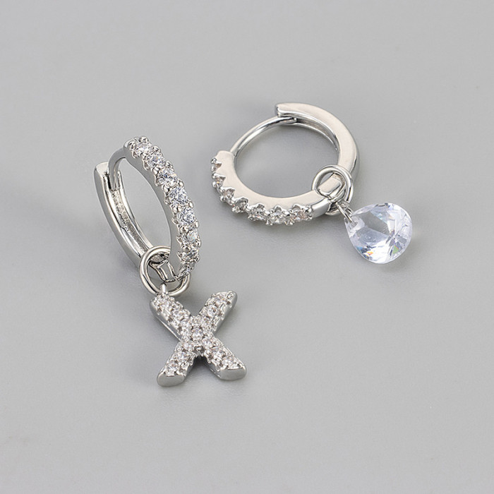 Cross-Border European and American Single Diamond Water Drop 26 Letter Earrings Asymmetric Earrings Personality Fashion Design Sense Women's Ear Jewelry