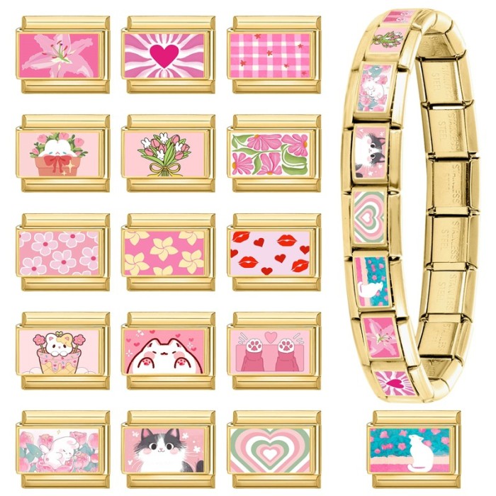 Pink Series Flower Heart Animal Letter Elements Italian Creative DIY Interlocking Module Bracelet