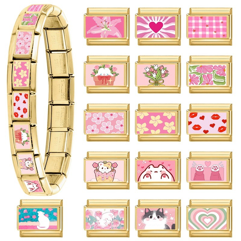 Pink Series Flower Heart Animal Letter Elements Italian Creative DIY Interlocking Module Bracelet