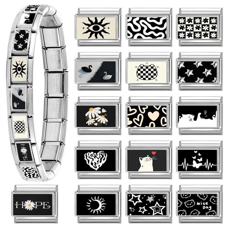Cross-Border Stainless Steel Heart Eye Black and White Element Multifunctional Italian Creative DIY Splicable Module Bracelet