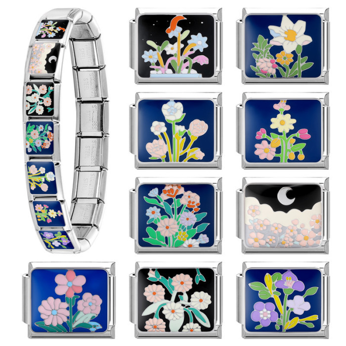 Cross-Border Italy Hot Sale Steel Bottom Dark Floral DIY Fresh Creative Exquisite Module Jewelry Bracelet Accessories