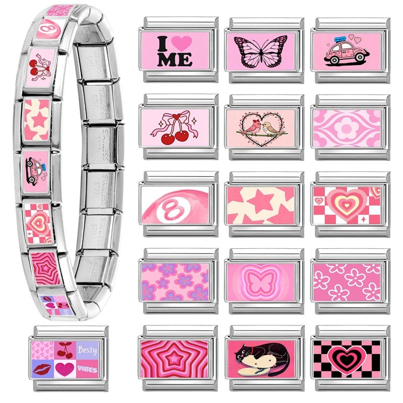 Pink Series Heart Five-Pointed Star Cherry Element Multifunctional Italian Creative DIY Interlocking Module Bracelet