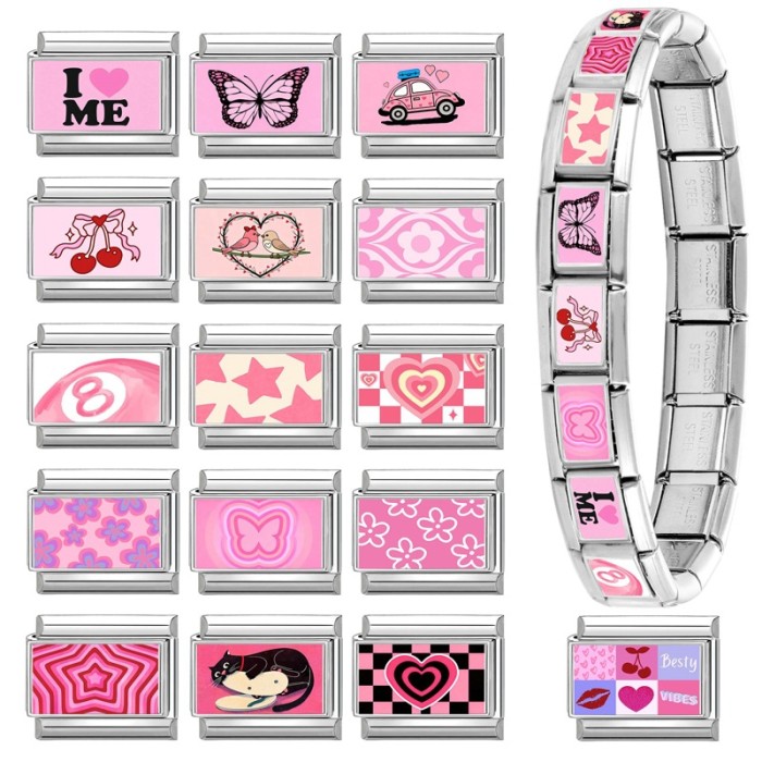 Pink Series Heart Five-Pointed Star Cherry Element Multifunctional Italian Creative DIY Interlocking Module Bracelet