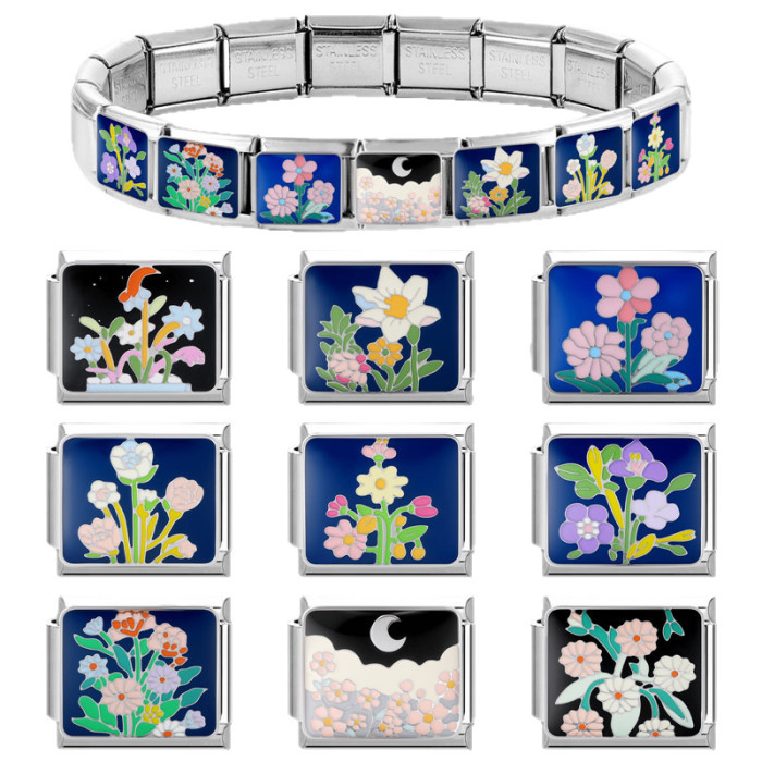 Cross-Border Italy Hot Sale Steel Bottom Dark Floral DIY Fresh Creative Exquisite Module Jewelry Bracelet Accessories