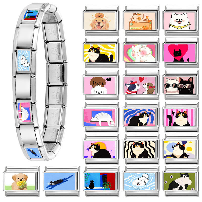 Stainless Steel Creative Pet Elements DIY Cute Cat Dog Series Multifunctional Italian Splicable Module Bracelet