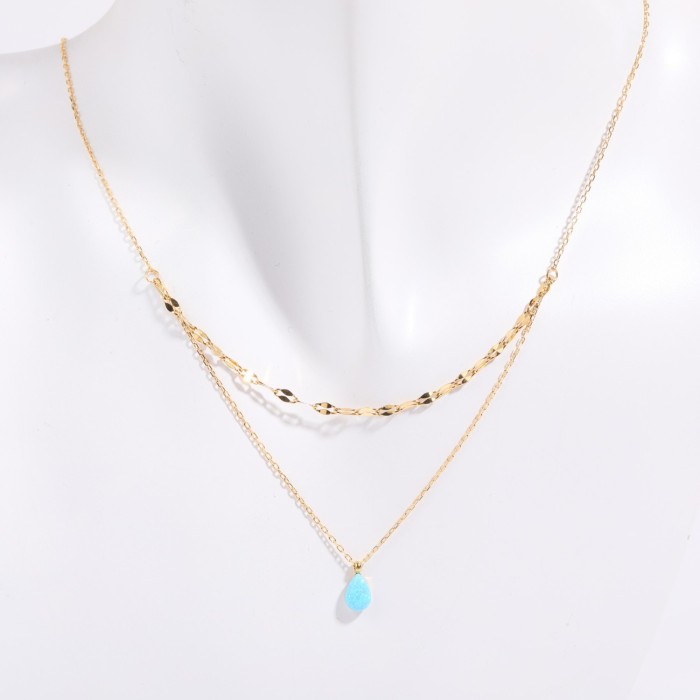 Stainless Steel Simple Versatile Water Drop Pendant Necklace Imitation Opal Stone Light Luxury Sweater Chain Necklace
