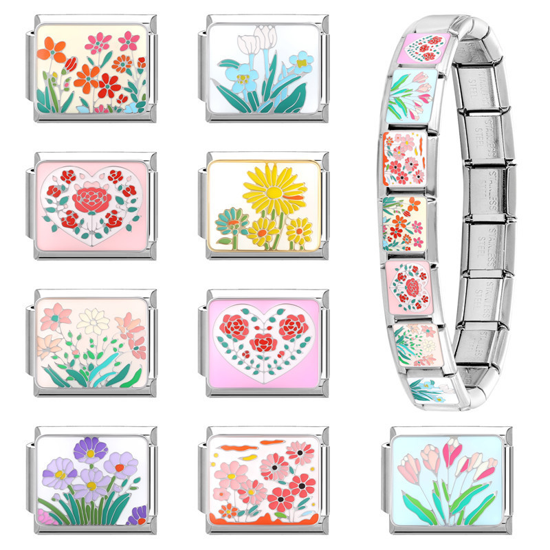 In Stock Italian Creative Module Bracelet DIY Jewelry Personalized Handmade Pink Purple Floral Linen Bracelet Accessories