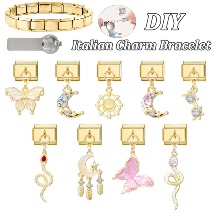 Hot Selling Pink Series Gold Pendant Italian Module Bracelet DIY Stainless Steel Bracelet Accessories, Necklaces