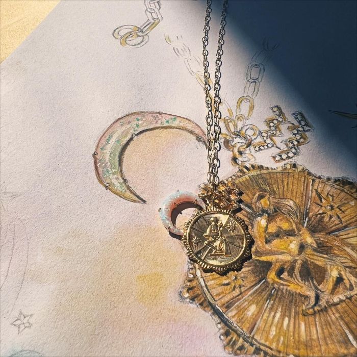 Micro Pave Zircon Twelve Constellation Rune Crescent Moon Opal Pendant Copper Necklace 12 Constellation Clavicle Chain