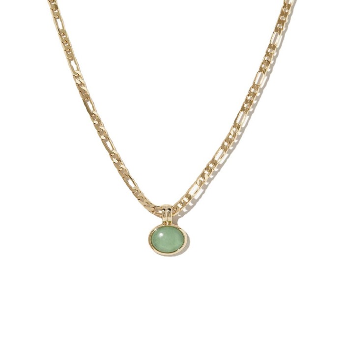 Stainless Steel Niche Design Independent Station Semi-precious Green Aventurine Natural Stone Necklace Figaro Chain 18K Plated