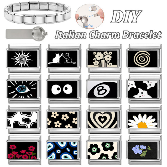 Stainless Steel Creative Irregular Shape DIY Cute Black Series Multifunctional Italian Splicable Module Bracelet