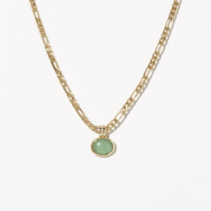 Stainless Steel Niche Design Independent Station Semi-precious Green Aventurine Natural Stone Necklace Figaro Chain 18K Plated