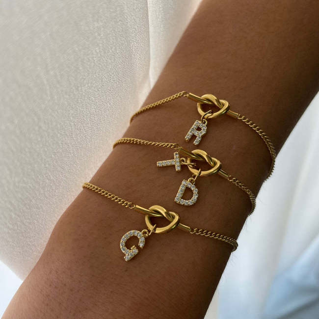 Stainless Steel Style Water Lover Knot Necklace Bracelet 26 Letter Pendant DIY Heart Knot Cuban Chain Gold Plated