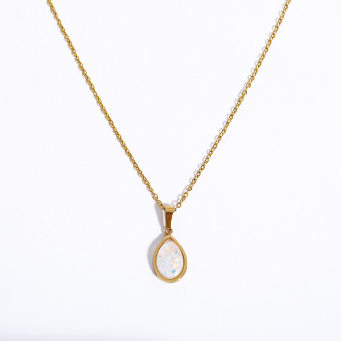 Stainless Steel Simple Versatile Water Drop Pendant Necklace Imitation Opal Stone Light Luxury Sweater Chain Necklace