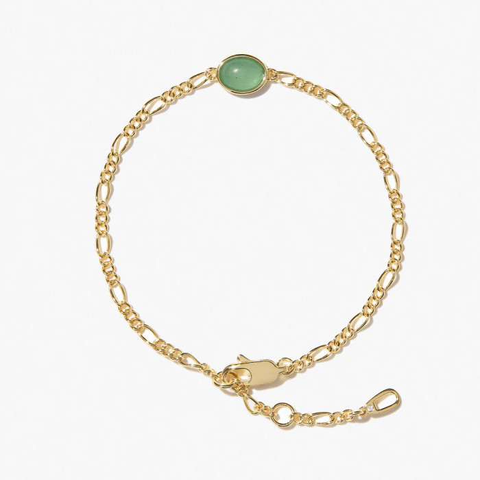Stainless Steel Niche Design Independent Station Semi-precious Green Aventurine Natural Stone Necklace Figaro Chain 18K Plated