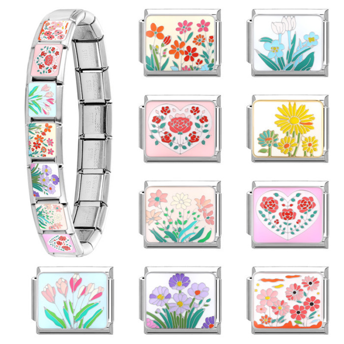 In Stock Italian Creative Module Bracelet DIY Jewelry Personalized Handmade Pink Purple Floral Linen Bracelet Accessories