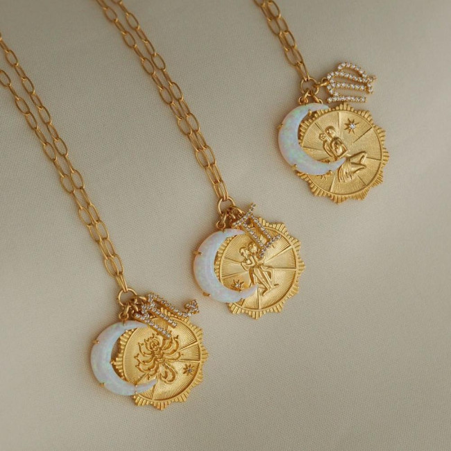 Micro Pave Zircon Twelve Constellation Rune Crescent Moon Opal Pendant Copper Necklace 12 Constellation Clavicle Chain