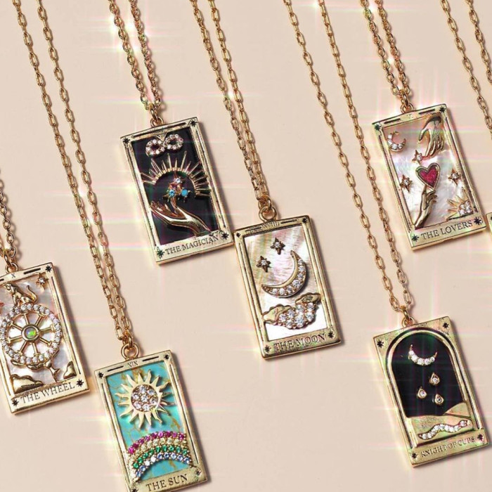 Gold Plated Tarot Card Necklace with Stones and Oil Drip, Popular on Instagram, Hot Item, Specialized Jewelry