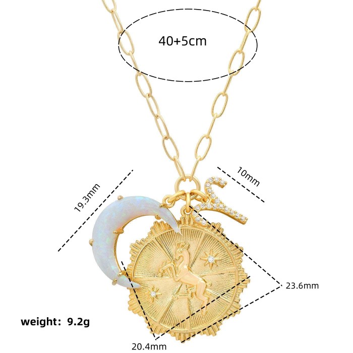 Micro Pave Zircon Twelve Constellation Rune Crescent Moon Opal Pendant Copper Necklace 12 Constellation Clavicle Chain