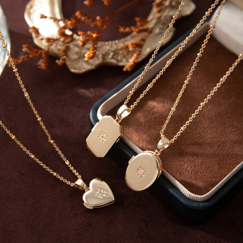 INS Simple Zircon Heart Open-Close Oval Photo Album Necklace Hot Sale Open-Close Zircon Necklace Gold Plated