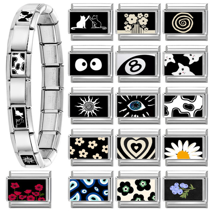 Stainless Steel Creative Irregular Shape DIY Cute Black Series Multifunctional Italian Splicable Module Bracelet