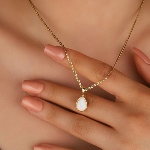 Stainless Steel European and American Simple Versatile Water Drop Pendant Necklace Imitation Opal Stone Light Luxury Sweater Chain Necklace