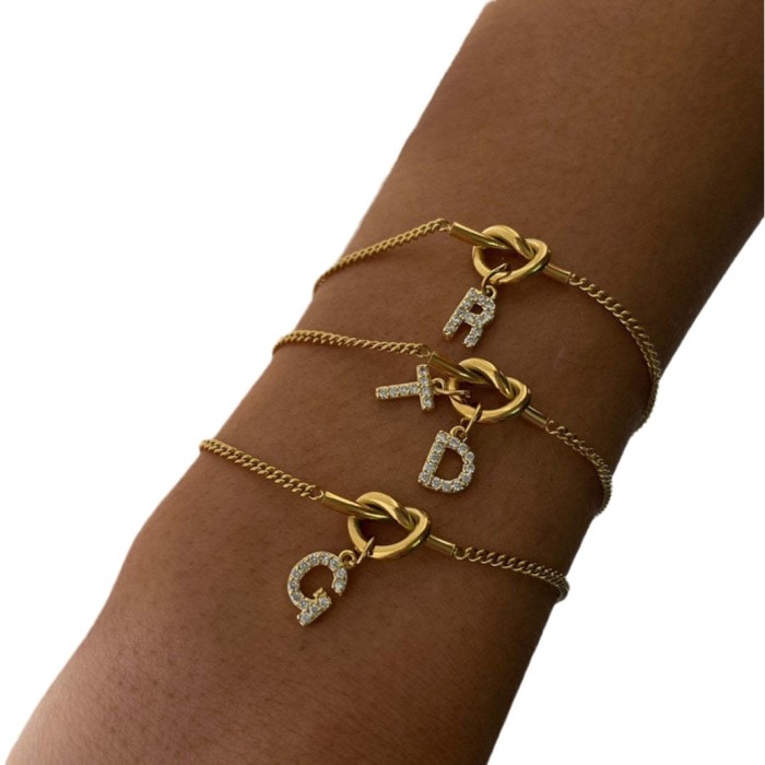 Stainless Steel Style Water Lover Knot Necklace Bracelet 26 Letter Pendant DIY Heart Knot Cuban Chain Gold Plated