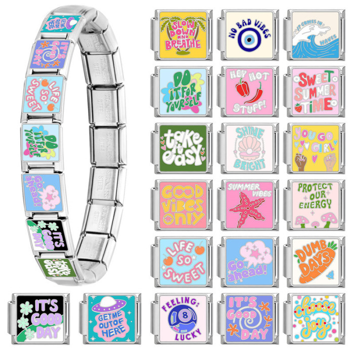 Text Design DIY Jewelry Italian Module Fresh Bracelet Cross-Border Hot Sale 9MM European Style Wholesale