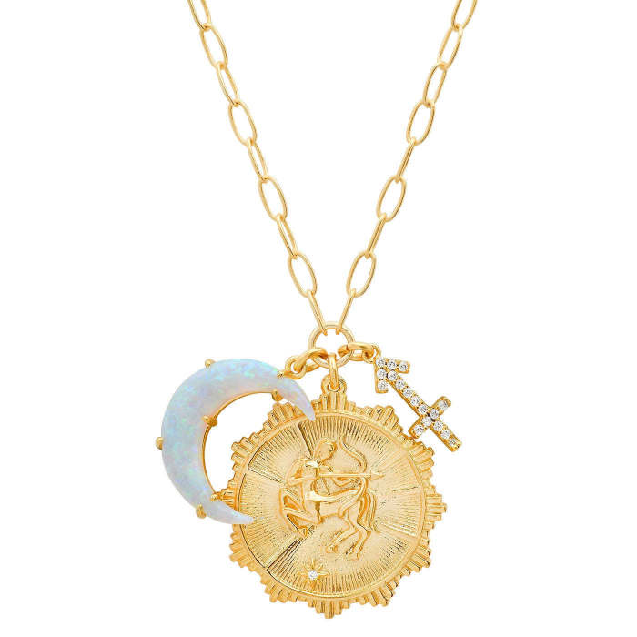 Micro Pave Zircon Twelve Constellation Rune Crescent Moon Opal Pendant Copper Necklace 12 Constellation Clavicle Chain
