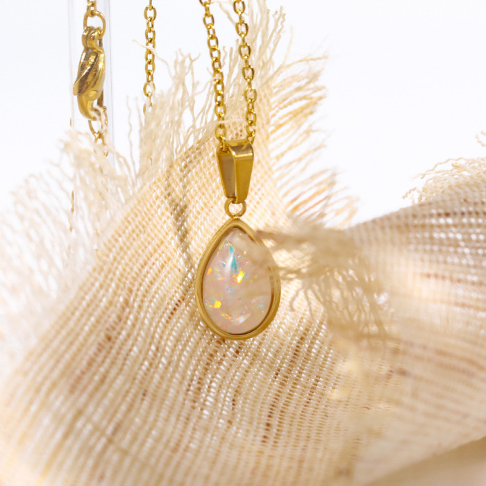 Stainless Steel Simple Versatile Water Drop Pendant Necklace Imitation Opal Stone Light Luxury Sweater Chain Necklace