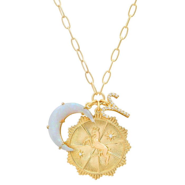 Micro Pave Zircon Twelve Constellation Rune Crescent Moon Opal Pendant Copper Necklace 12 Constellation Clavicle Chain