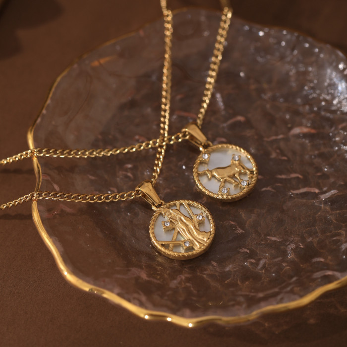 Stainless Steel European and American 12 Zodiac Shell Zodiac Coin Necklace Furnace Vacuum Plating 18k Gold Color Retention