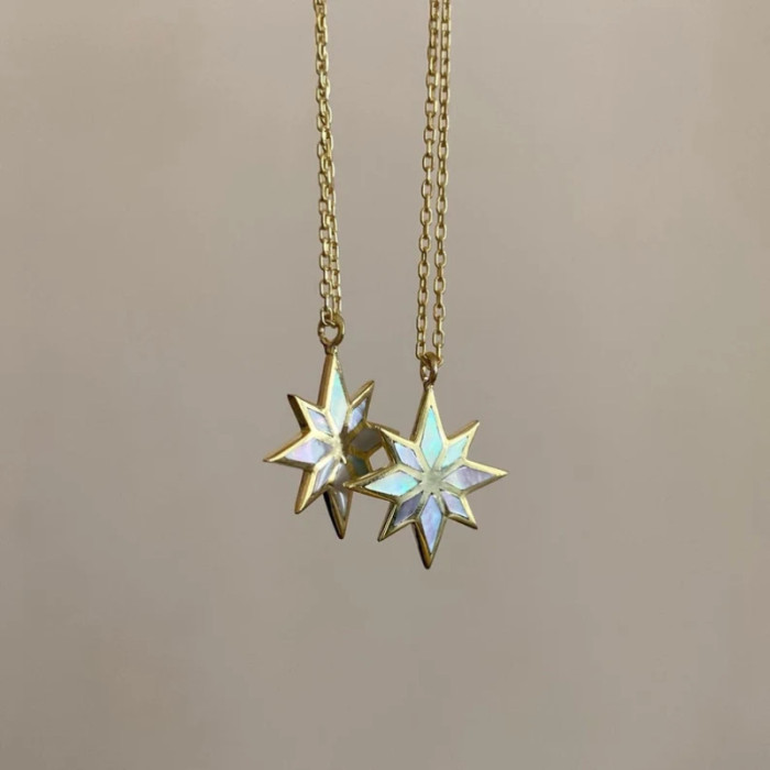 Natural Abalone Shell Patch Titanium Steel Vacuum Furnace Electroplated 18K Gold Hexagram Clavicle Chain Color Retent...