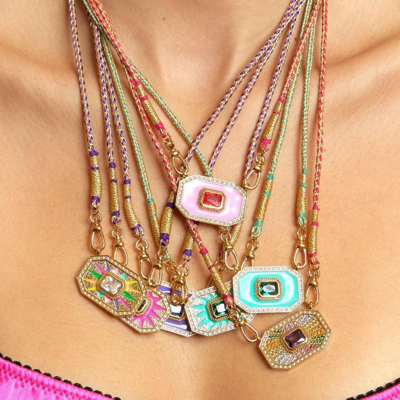 Cross-Border European and American Hot-Selling Colorful Tarot Card Pink Oil-Drip Inlaid Diamond Fashion Niche Design Necklace for Women Wholesale